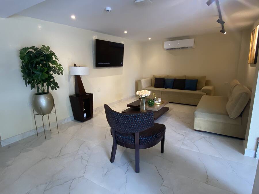 Una sala de estar moderna con un sofá, una mesa de centro, un televisor montado en la pared y una planta en maceta.