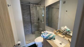 Shower, hair dryer, towels, soap