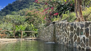室外游泳池,開放時間為 09:00 至 18:00,提供日光浴躺椅