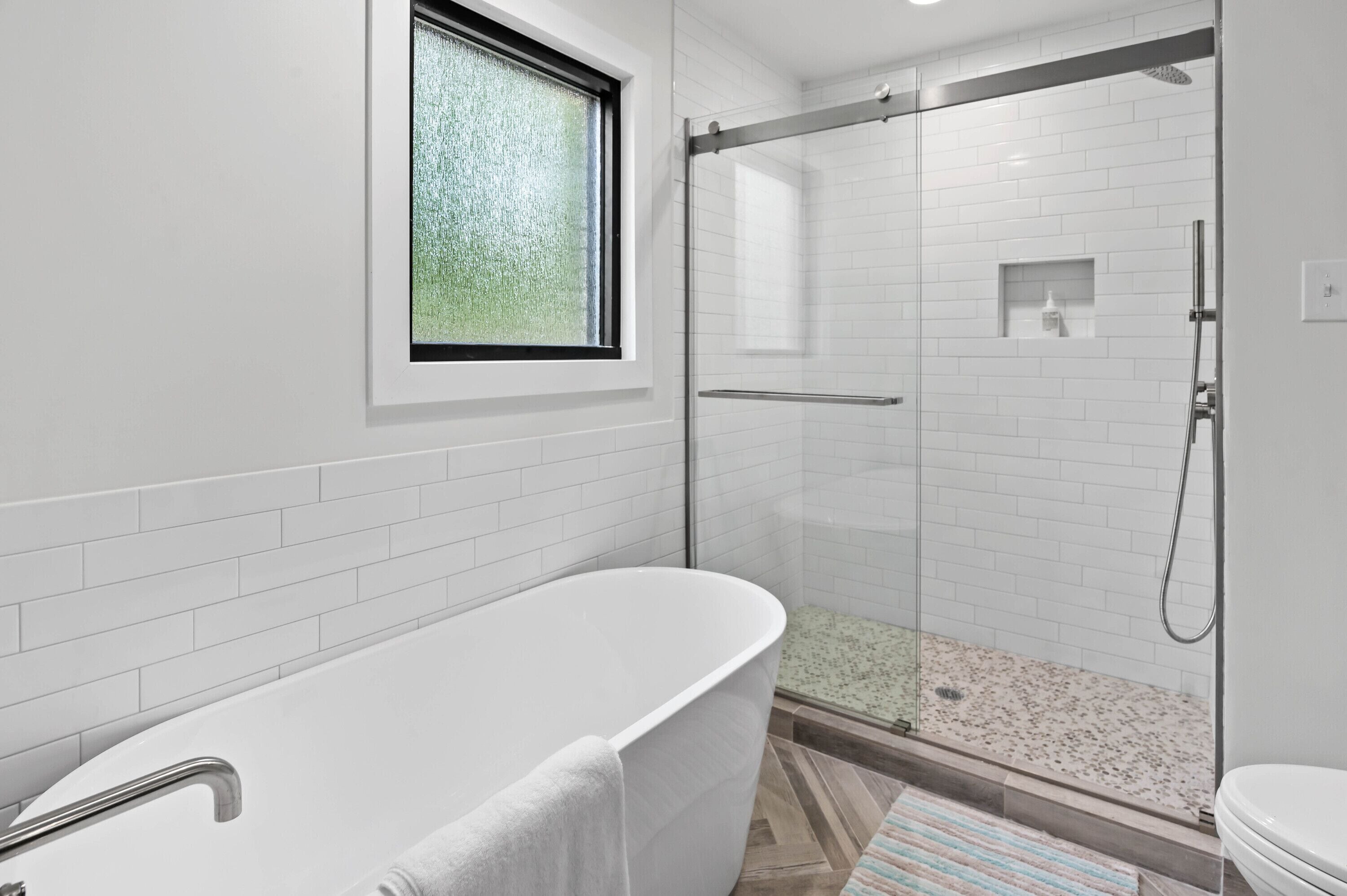 Hair dryer, towels, soap, toilet paper