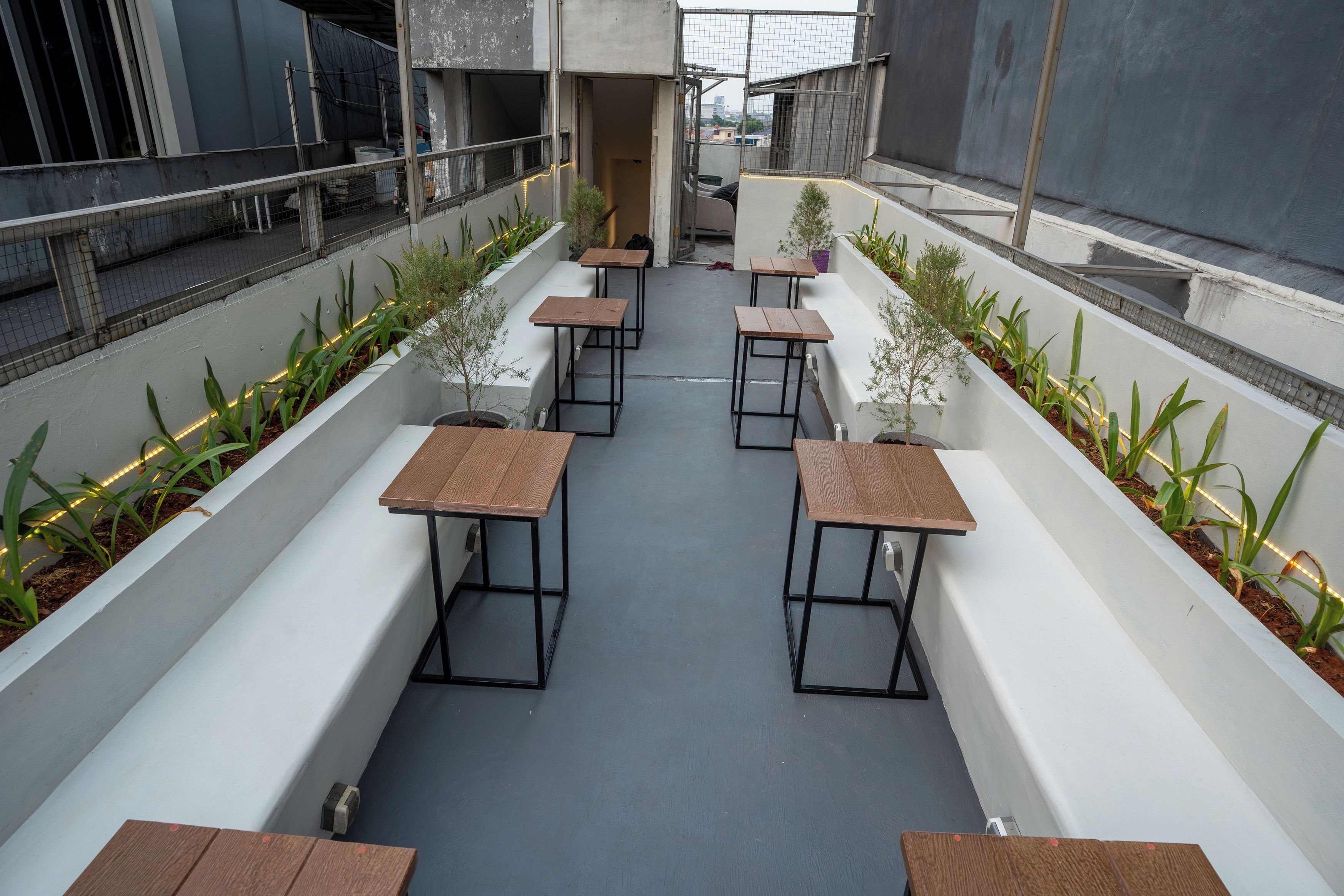 A rooftop terrace with four wooden tables and benches, surrounded by white walls and green plants.