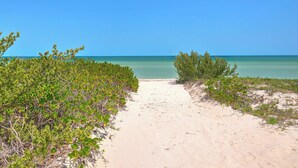 Ein Sandweg am Strand, der zum Meer führt, umgeben von dichtem Grün.