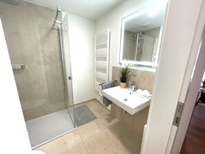 Shower, hair dryer, towels