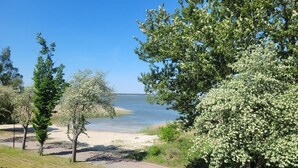 A lakeside park with a paved path, trees, and a bench. - Haus Barth, Appartement 16 für bis zu 4 Personen. - Haus Barth (Fuhlendorf)