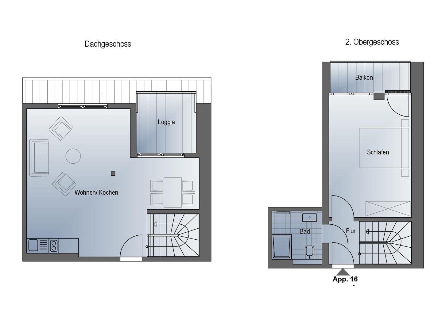 Two floor plans of a building with labeled rooms: 'Dachgeschoss' and 'Obergeschoss'. Both plans include a 'Loggia', 'Wohnen/Kochen' area, and a 'Bad'. The 'Obergeschoss' plan also shows a 'Balcony' and 'Flur'.
