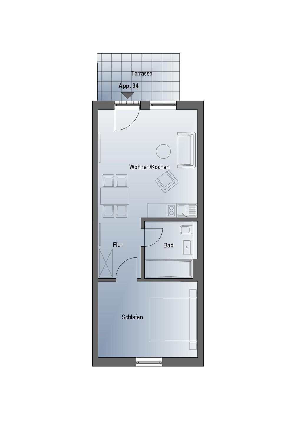Hotellihuoneen pohjapiirros, jossa on oleskelutila, pieni keittiö, kylpyhuone ja terassi.