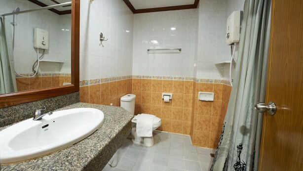 A bathroom with a granite countertop sink, a toilet, and a shower area.