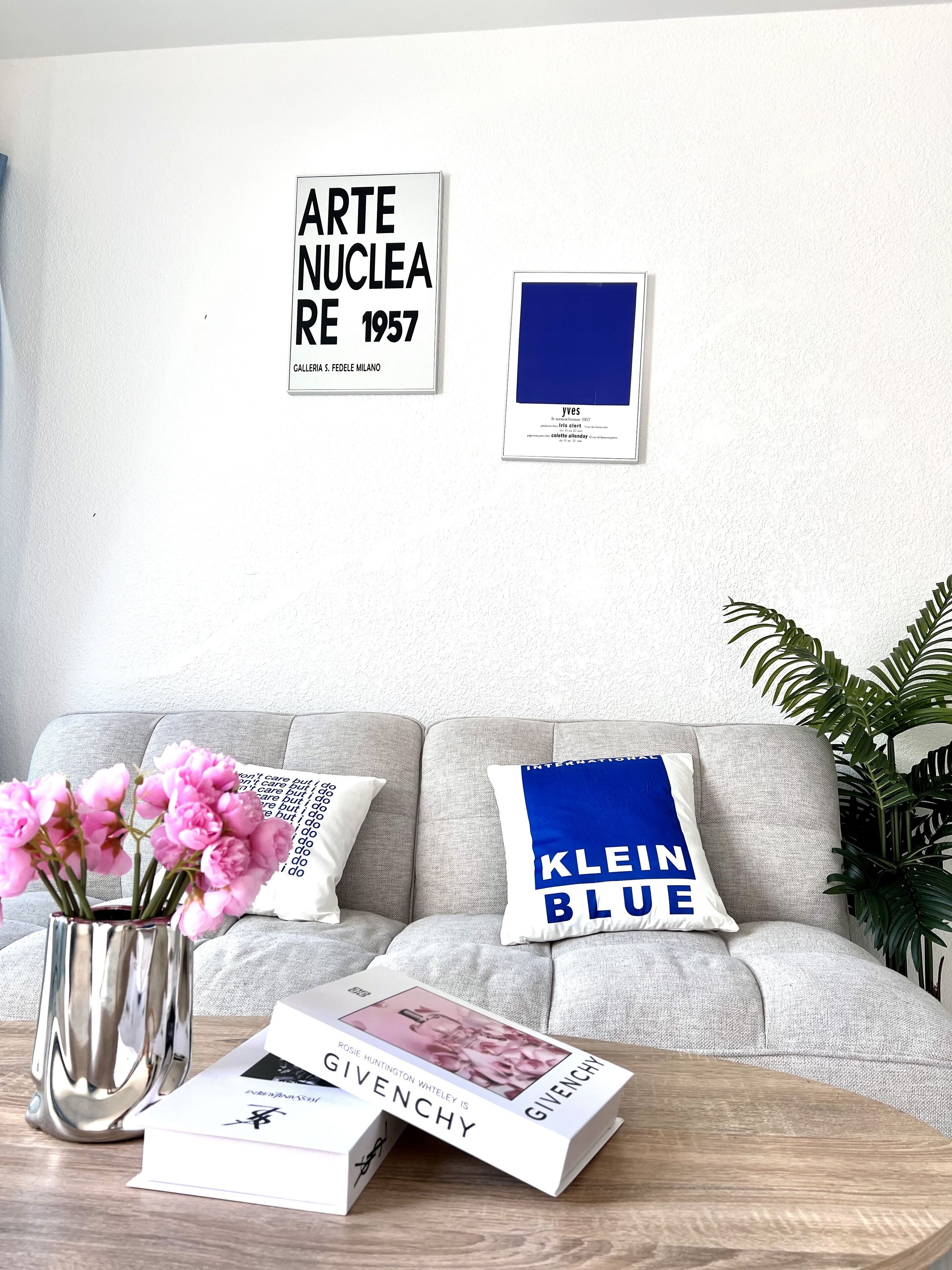A living room with a grey sofa, a coffee table, and a plant. There are two pillows on the sofa, one with "Klein Blue" and another with "Givenchy". A framed picture is on the wall, and a vase with pink flowers is on the coffee table.