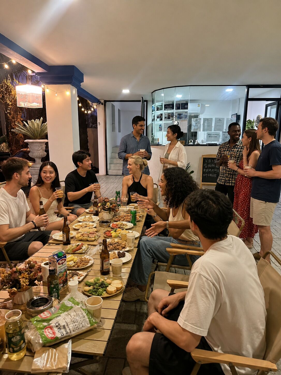 A group of people seated around a table with food and drinks, in a room with a kitchen area in the background.