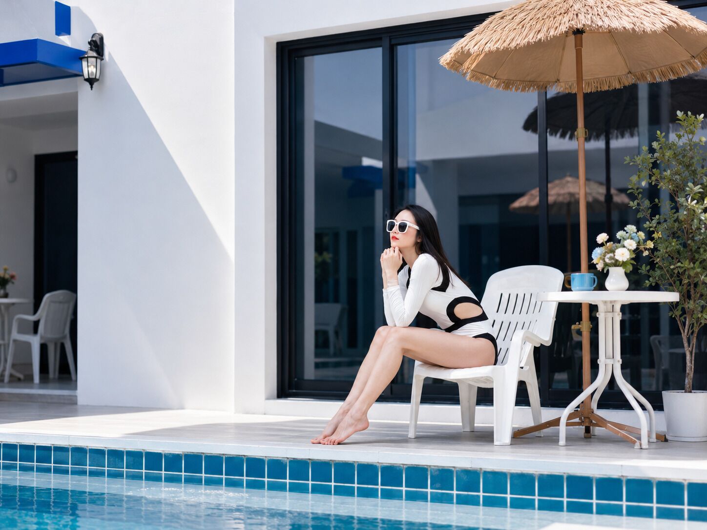 A woman sitting by a poolside chair with a table and umbrella nearby.