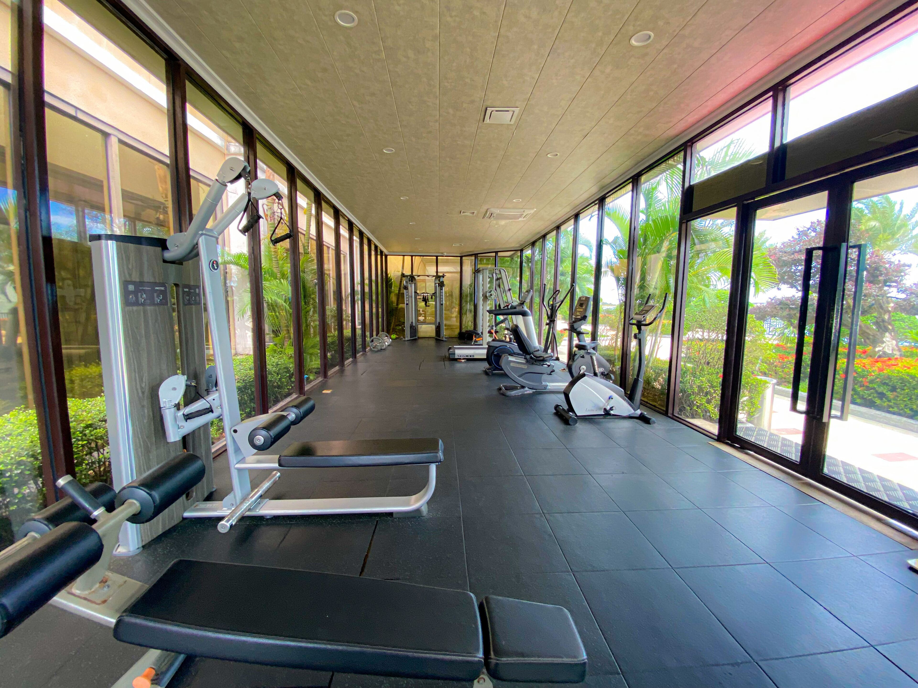 A gym with various exercise equipment, large windows, and a view of greenery outside.