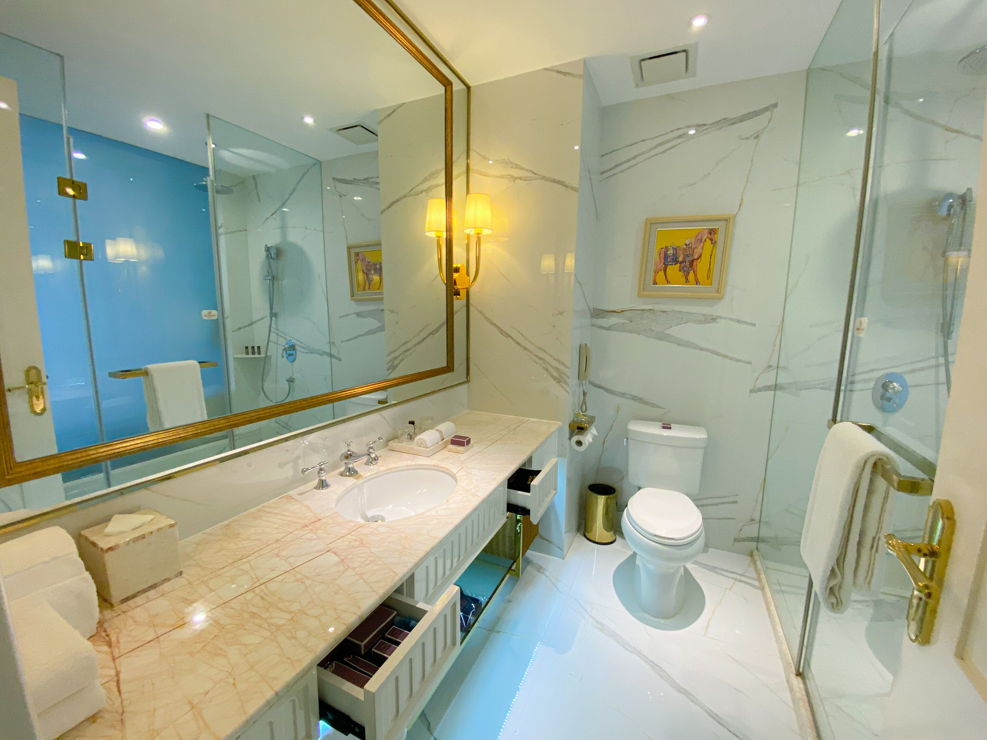 A modern bathroom with a marble vanity, a large mirror, a toilet, and a glass shower enclosure.