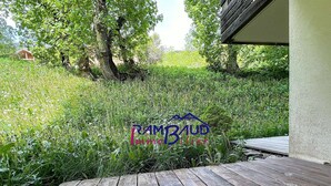 Une terrasse en bois avec une zone herbeuse et des arbres en arrière-plan.