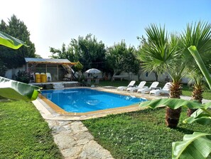 A swimming pool with lounge chairs, a covered seating area, and palm trees.