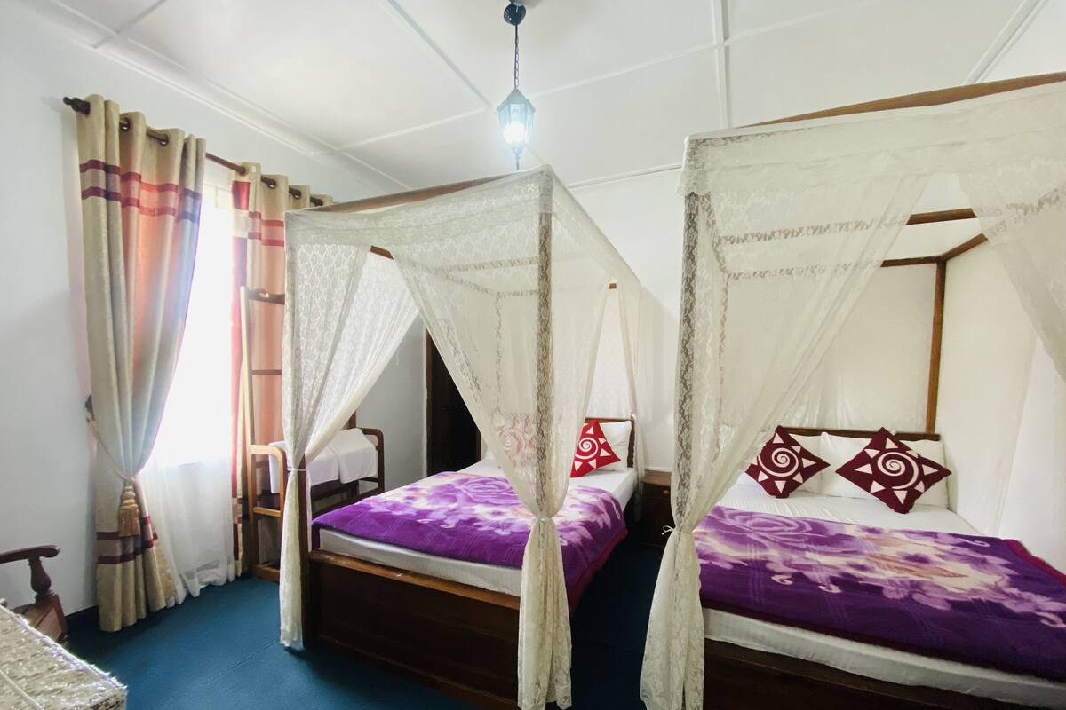 Ein Zimmer mit zwei Betten, jeweils mit Baldachin, einem Holzkopfstück und einer violetten Bettdecke.