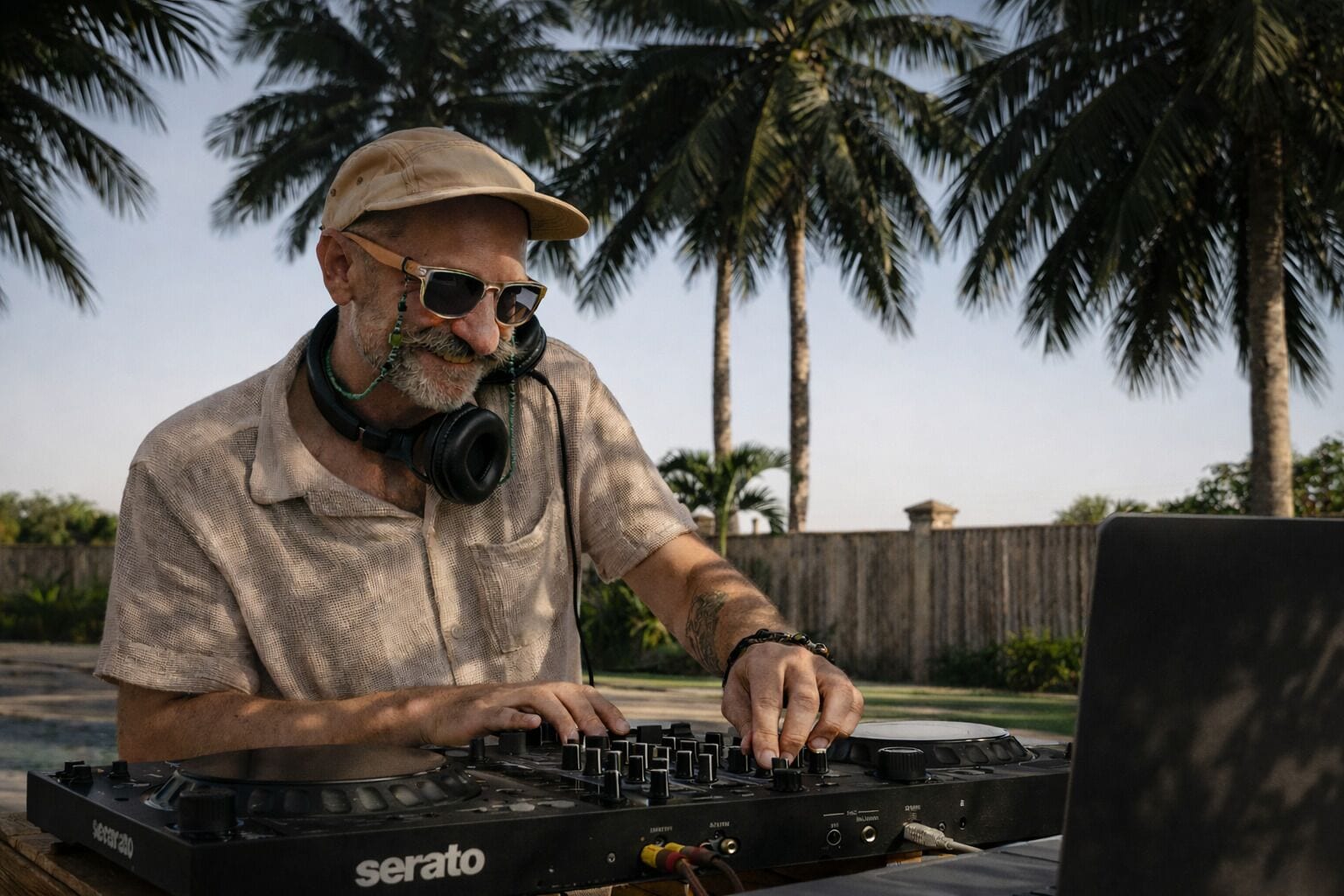 Une personne manipule du matériel de DJ à l’extérieur, avec des palmiers en arrière-plan.