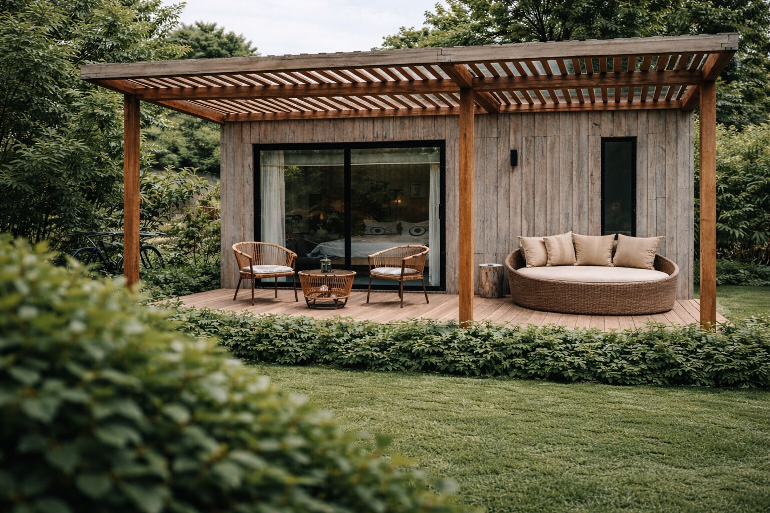 Un pabellón de madera con puerta de vidrio, muebles de mimbre y un jardín con césped.