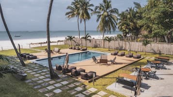 Outdoor pool, pool umbrellas, pool loungers