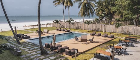 Outdoor pool, pool umbrellas, pool loungers