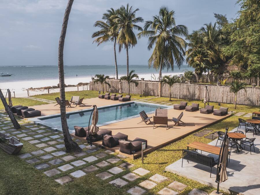 Outdoor pool, pool umbrellas, pool loungers