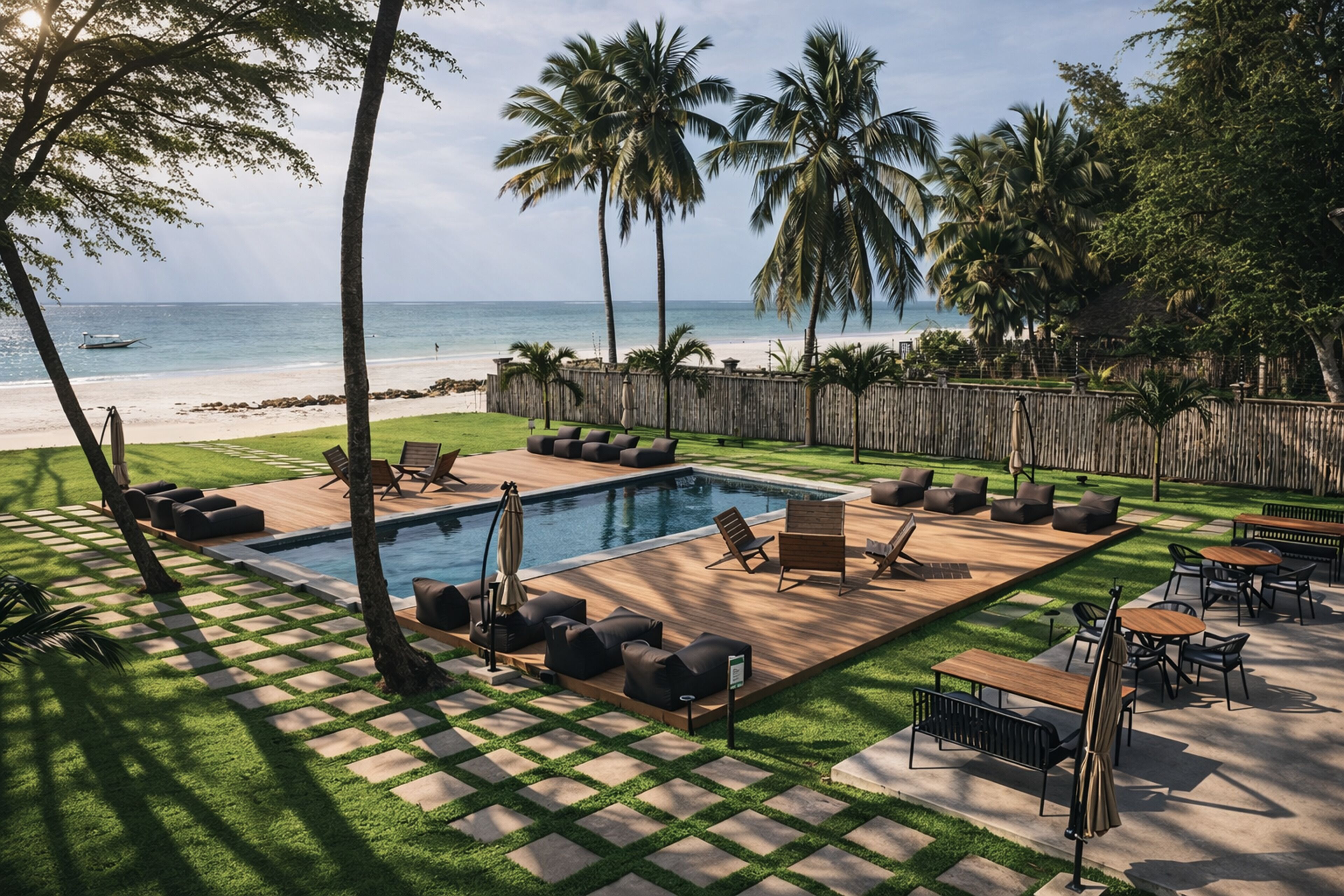 Alberca al aire libre, sombrillas en la alberca y camastros 