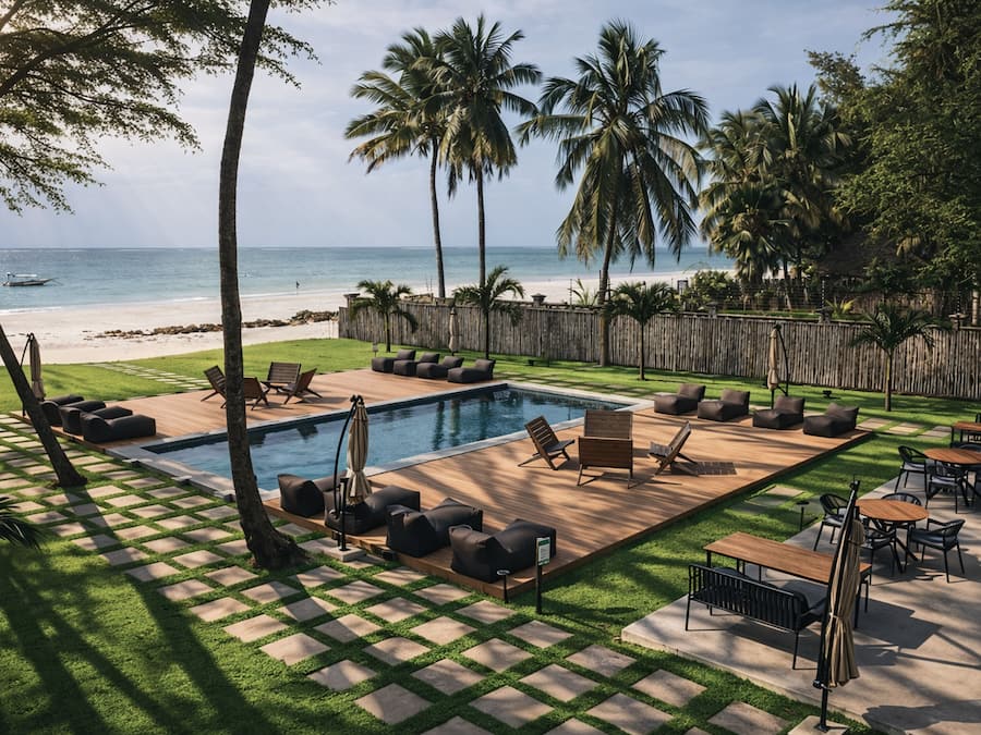 Outdoor pool, pool umbrellas, pool loungers