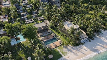 Outdoor pool, pool umbrellas, pool loungers