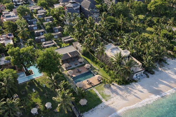 Outdoor pool, pool umbrellas, pool loungers