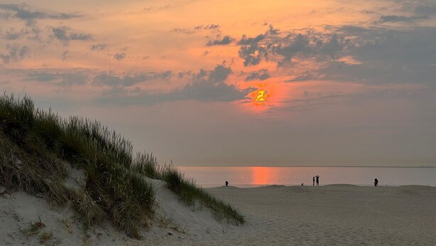 A beach with a sunset, sand dunes, and a calm sea.
