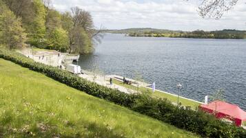 Ein Park am Flussufer mit einem Fußweg, Bänken und einem Gebäude mit rotem Dach.