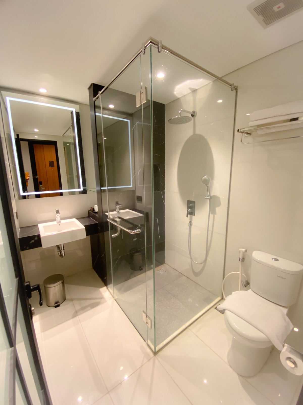 A modern bathroom with a glass-enclosed shower, a sink, and a toilet.