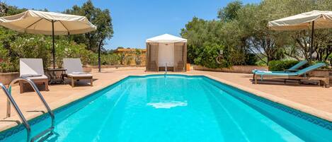 A swimming pool with lounge chairs and umbrellas, surrounded by greenery.