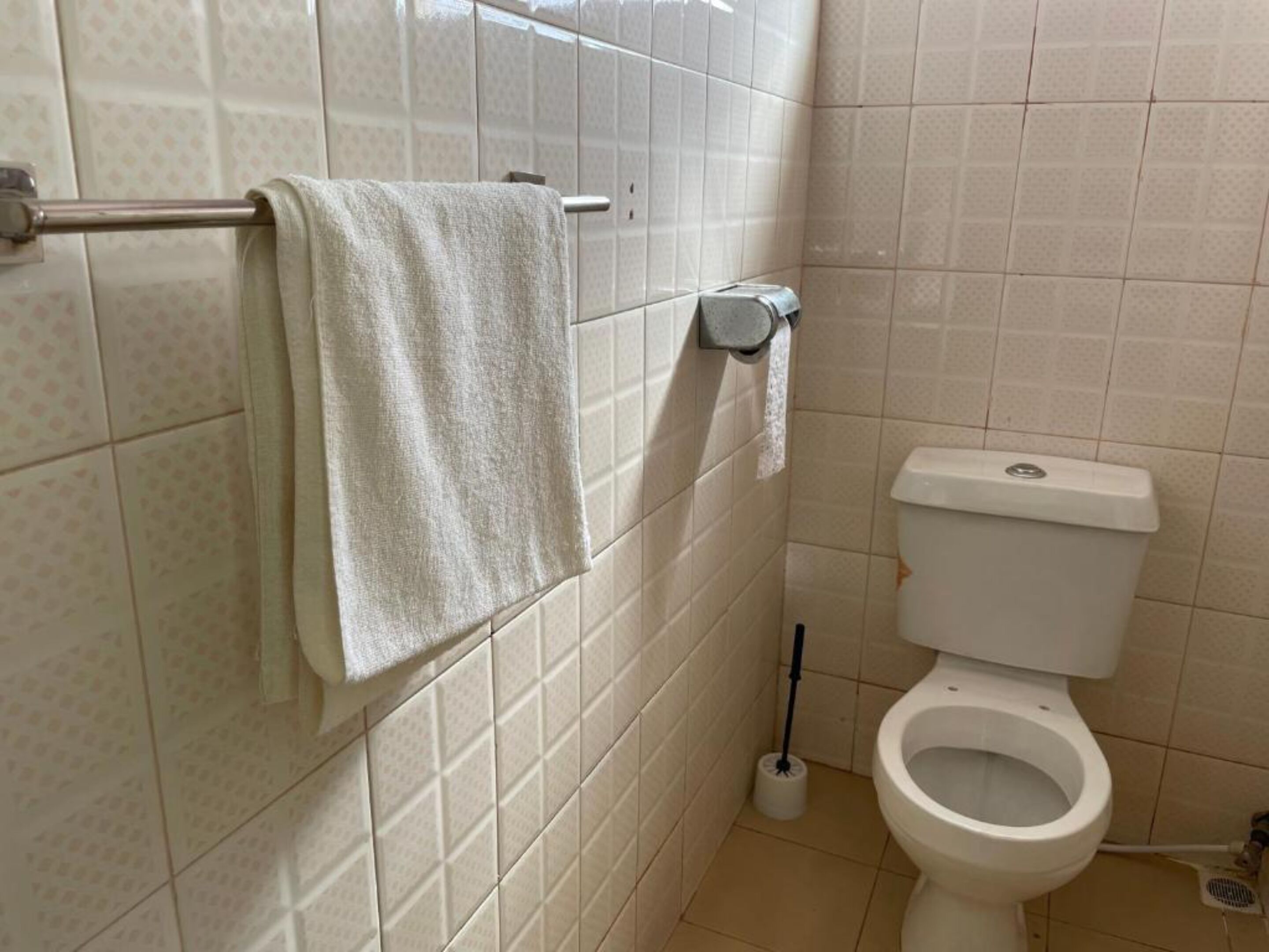 Un baño con inodoro, perchero para toallas y dispensador de papel higiénico.