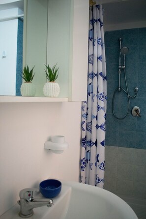 Dusche, Bidet, Handtücher, Seife