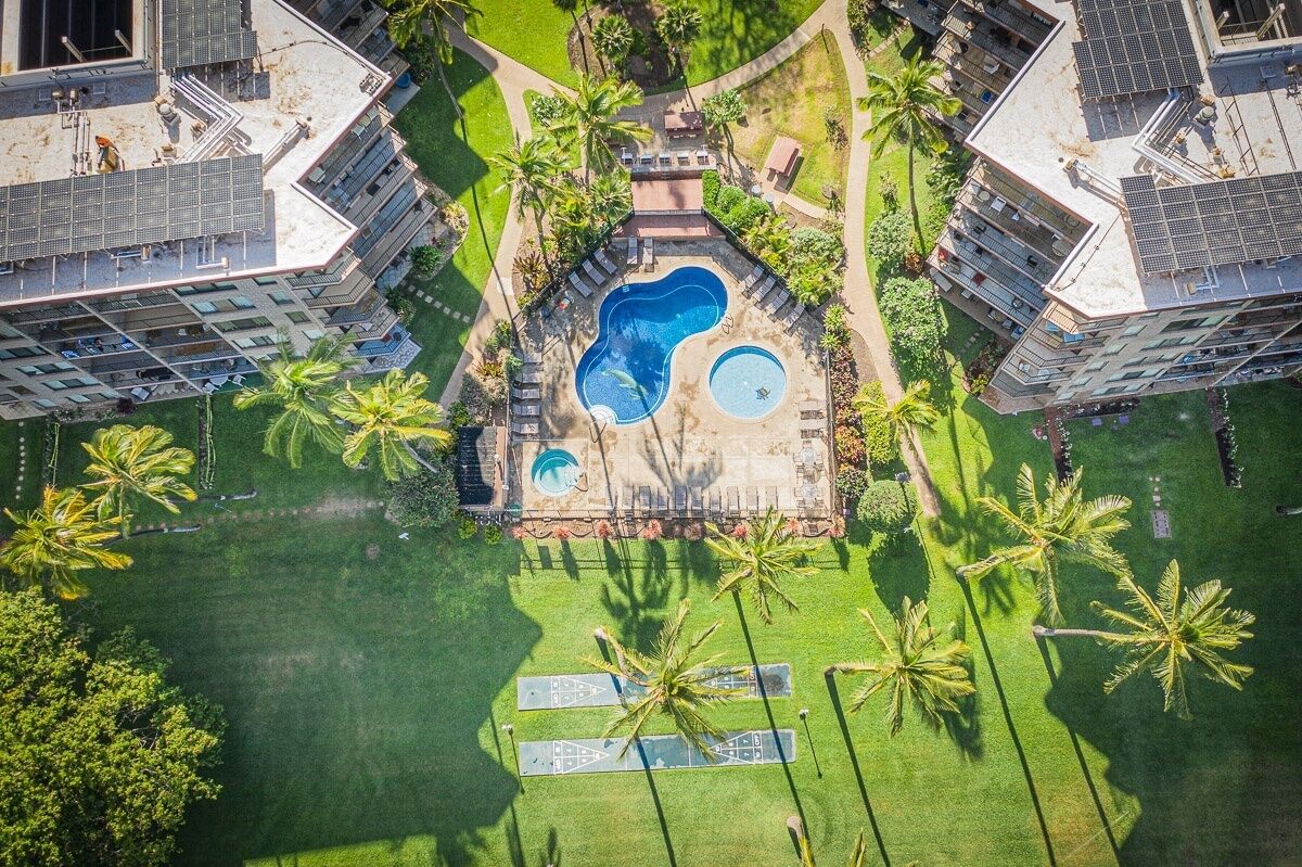An aerial view of a residential complex with two swimming pools, surrounded by palm trees and a well-maintained lawn.