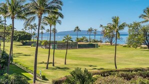 Ein Golfplatz mit Palmen und Blick auf den Ozean.