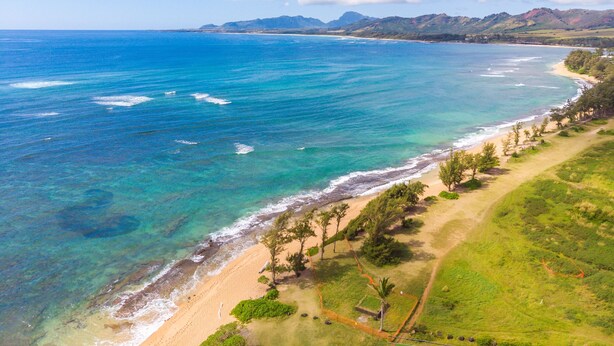 An aerial view of a coastal area with clear blue waters, a sandy beach, and a line of trees. - Kauai Plantation Hale Suites by Coldwell Banker Island Vacations (Kapaa)