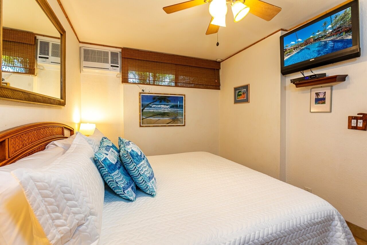A hotel room with a bed, a ceiling fan, a TV mounted on the wall, and a window with blinds.