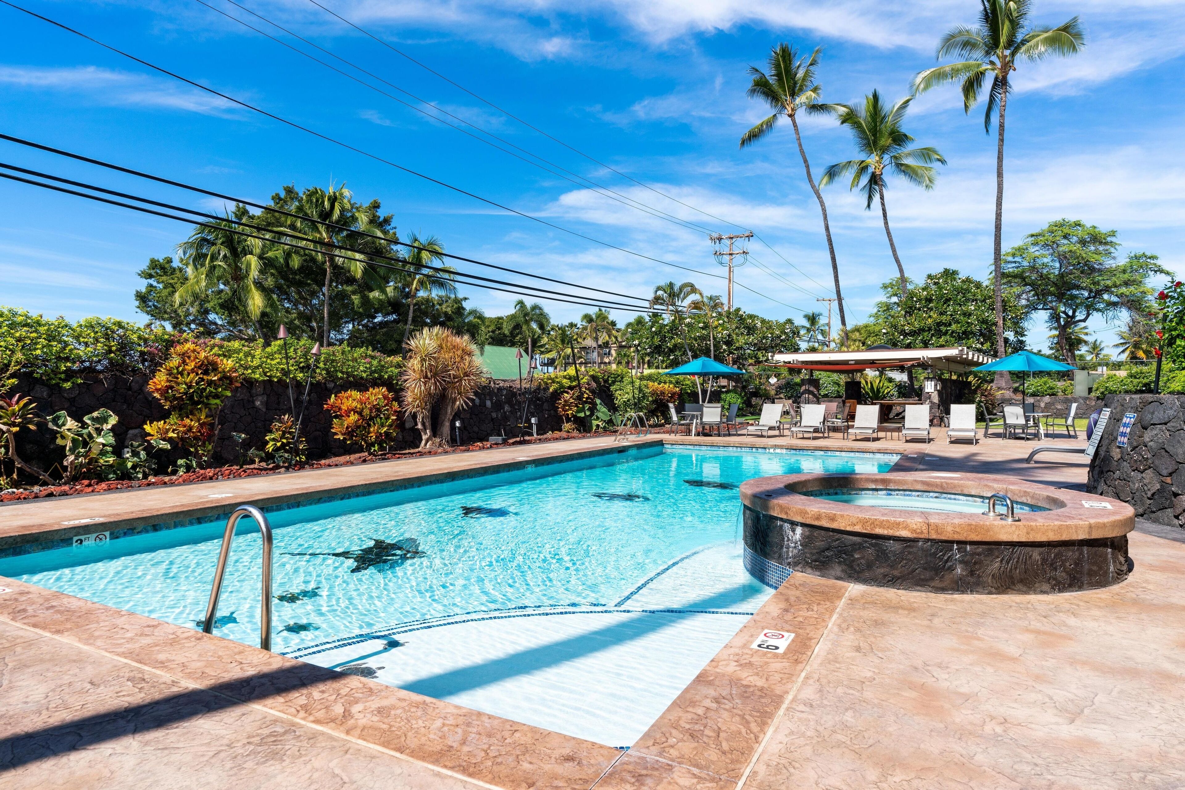 Une piscine avec un jacuzzi, des chaises longues et des palmiers.