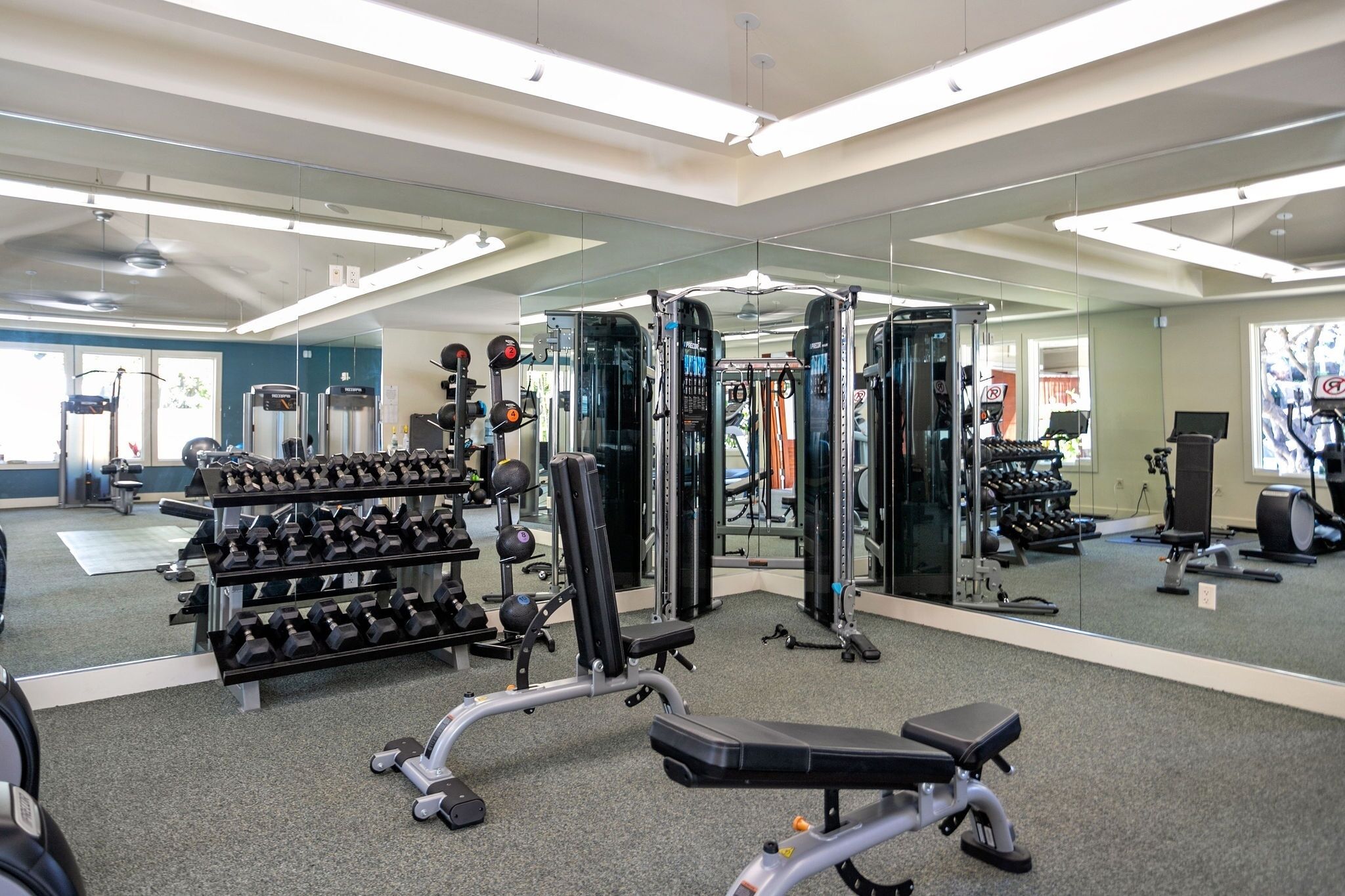 A gym with various exercise equipment, including dumbbells, benches, and weight machines.