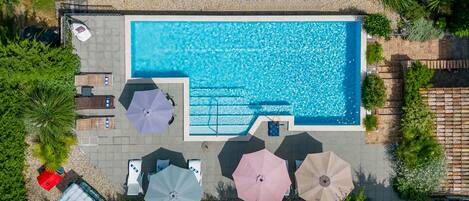 An aerial view of a rectangular swimming pool surrounded by umbrellas and lounge chairs, with a tiled deck and greenery.