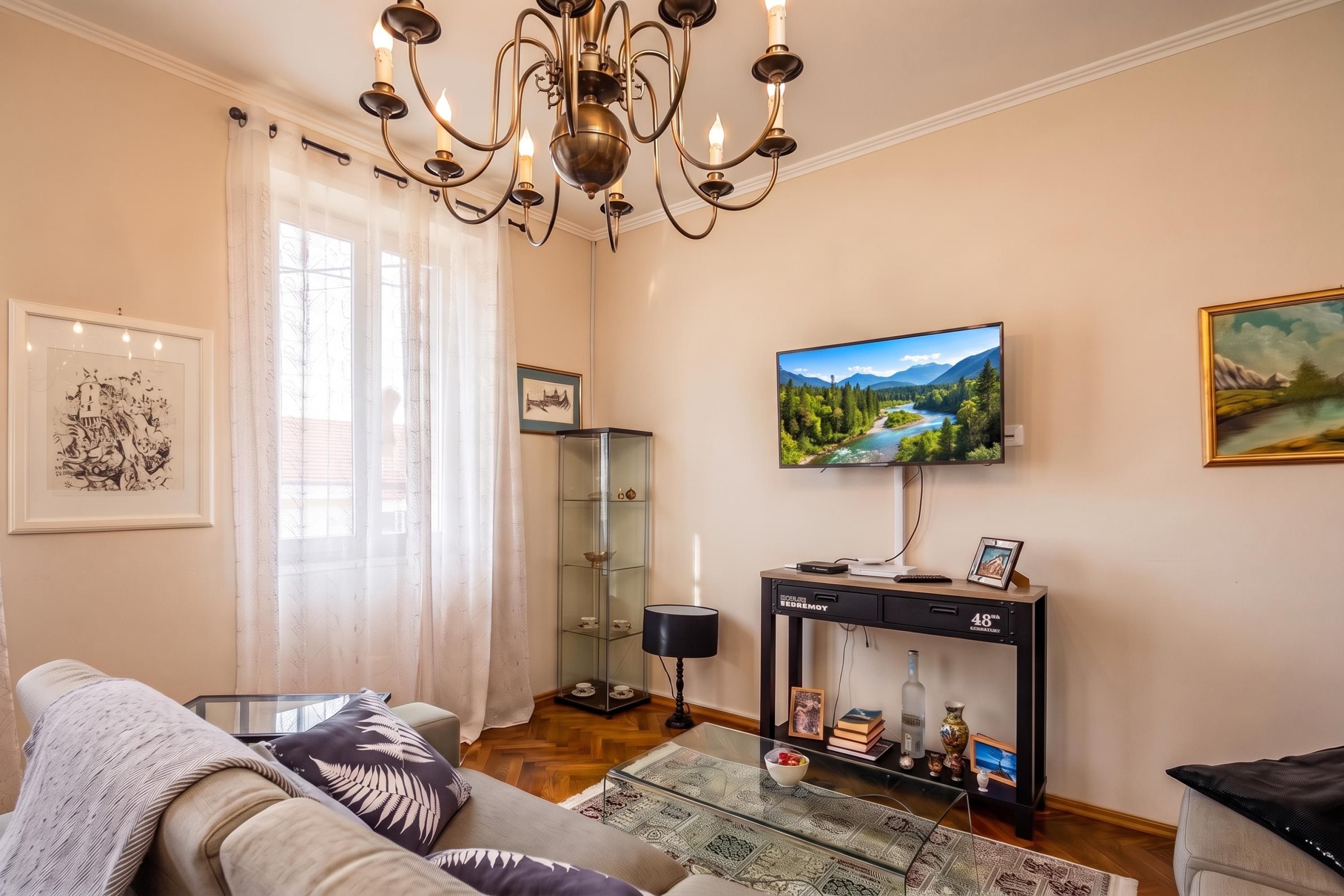 A living room with a sofa, a glass coffee table, a TV mounted on the wall, a chandelier, and a glass cabinet with decorative items.