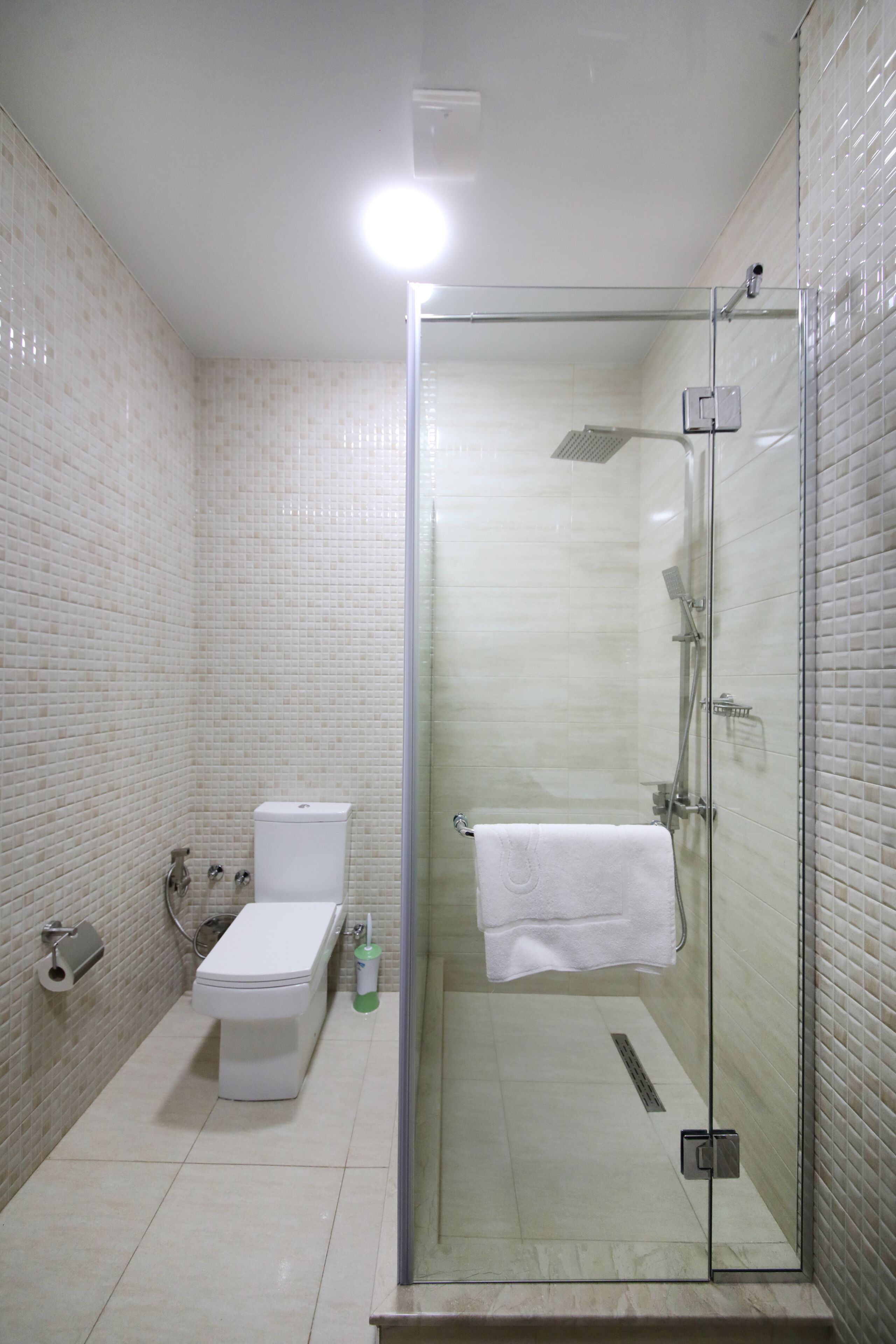 A modern bathroom with a glass-enclosed shower, a toilet, and a sink.