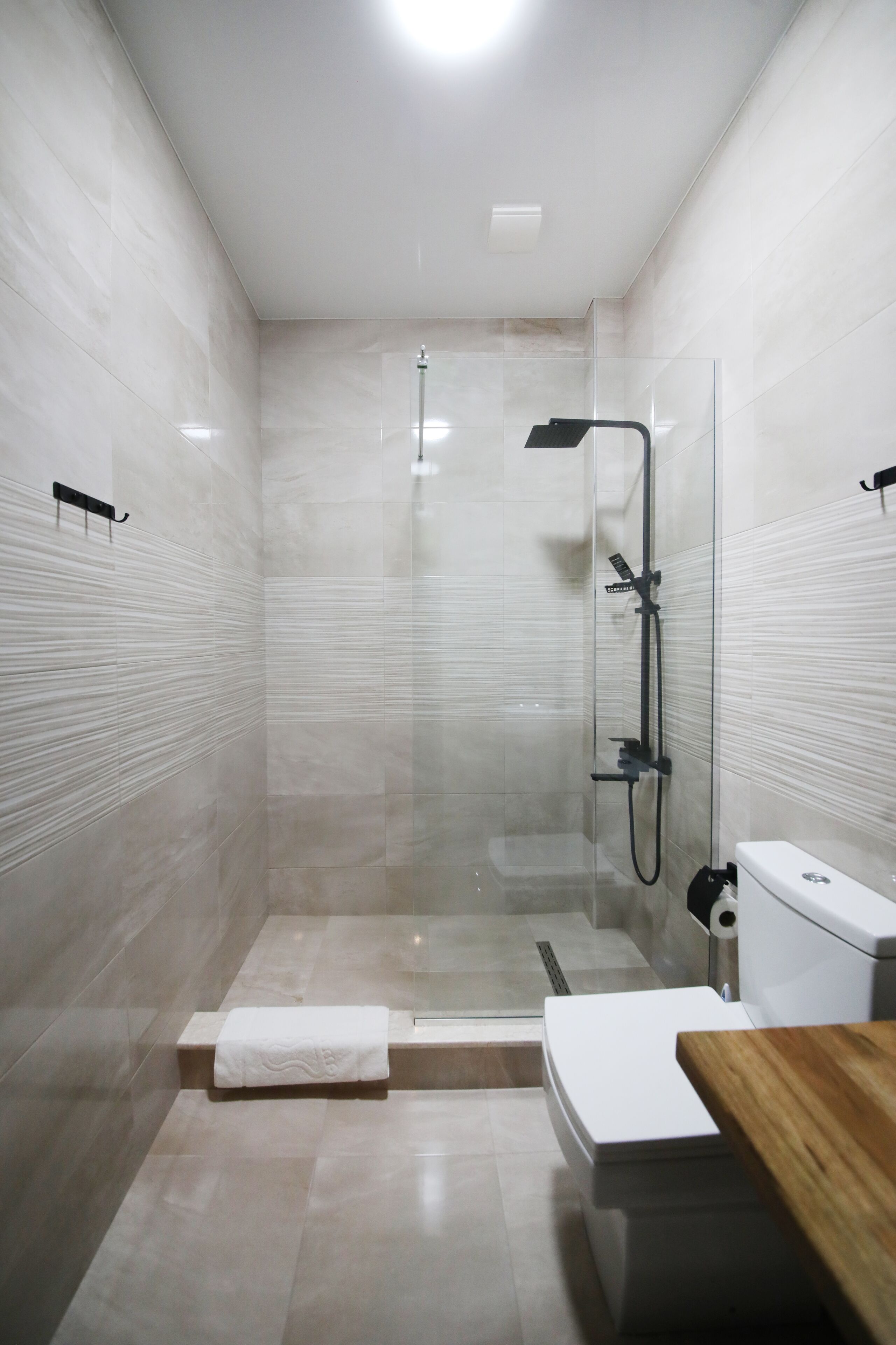 A modern bathroom with a glass-enclosed shower, a toilet, and a wooden vanity.