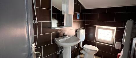 A modern bathroom with a shower, sink, and toilet.