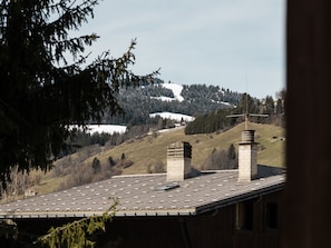 A house with a sloped roof, two chimneys, and a view of a snow-covered hill with trees. - Studio l'Orée - City centre - Megève (Megève)
