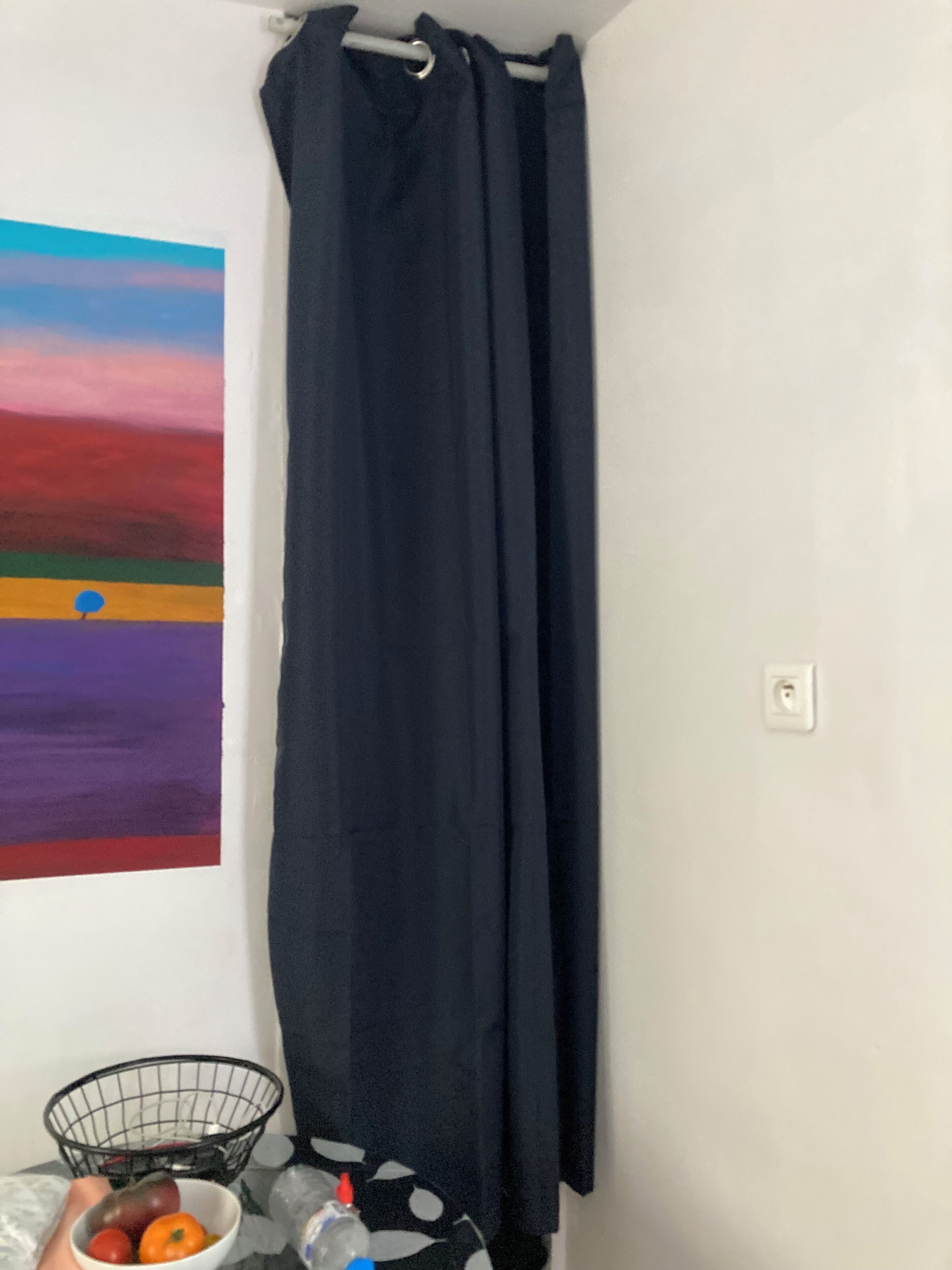 A bathroom with a dark curtain, a painting on the wall, and a small basket with fruits.