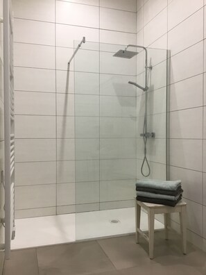 Shower, hair dryer, towels, soap