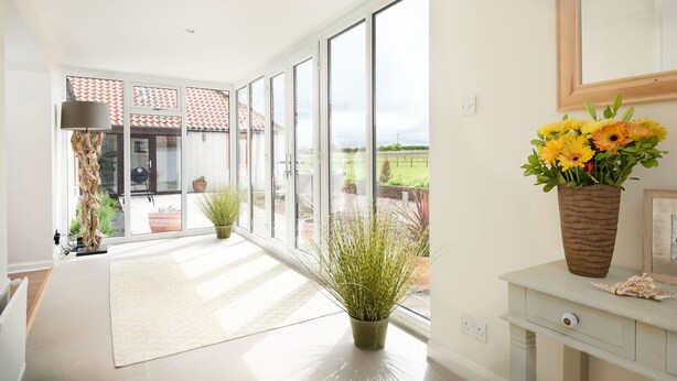 A bright, modern room with large windows, a potted plant, and a vase of flowers. - WESTWOOD COTTAGE - A spacious farm cottage close to superb East Lothian beaches  (Longniddry)