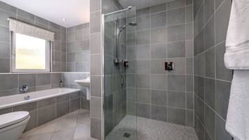 Combined shower/tub, hair dryer, towels